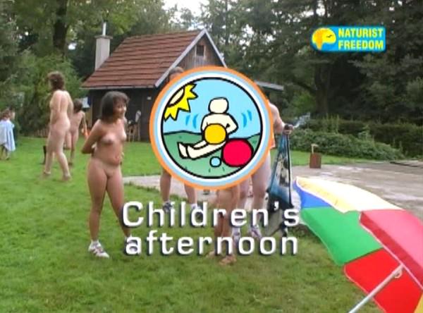 Family naturism of video - children's morning performance outdoors |