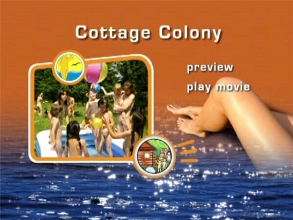 Colony of families of naturist outdoors in the cottage town |